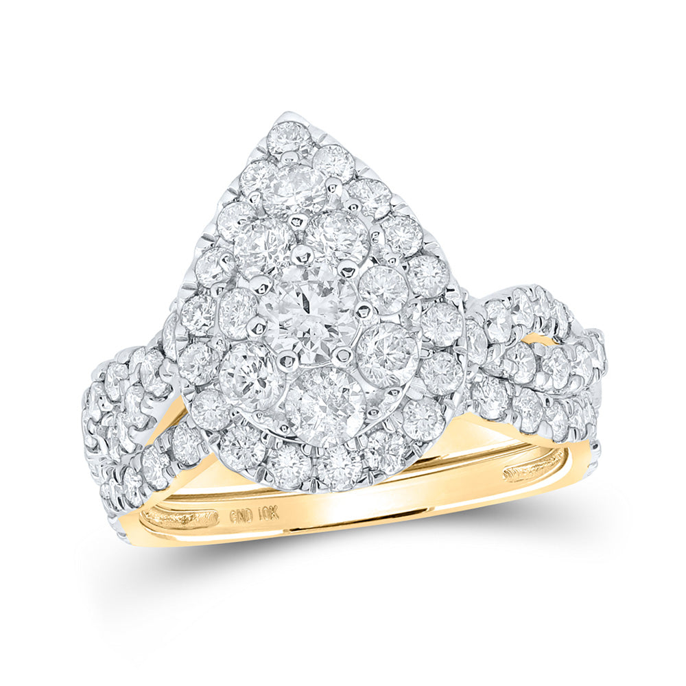 10kt Yellow Gold Round Diamond Teardrop Halo Bridal Wedding Ring Band Set 2 Cttw