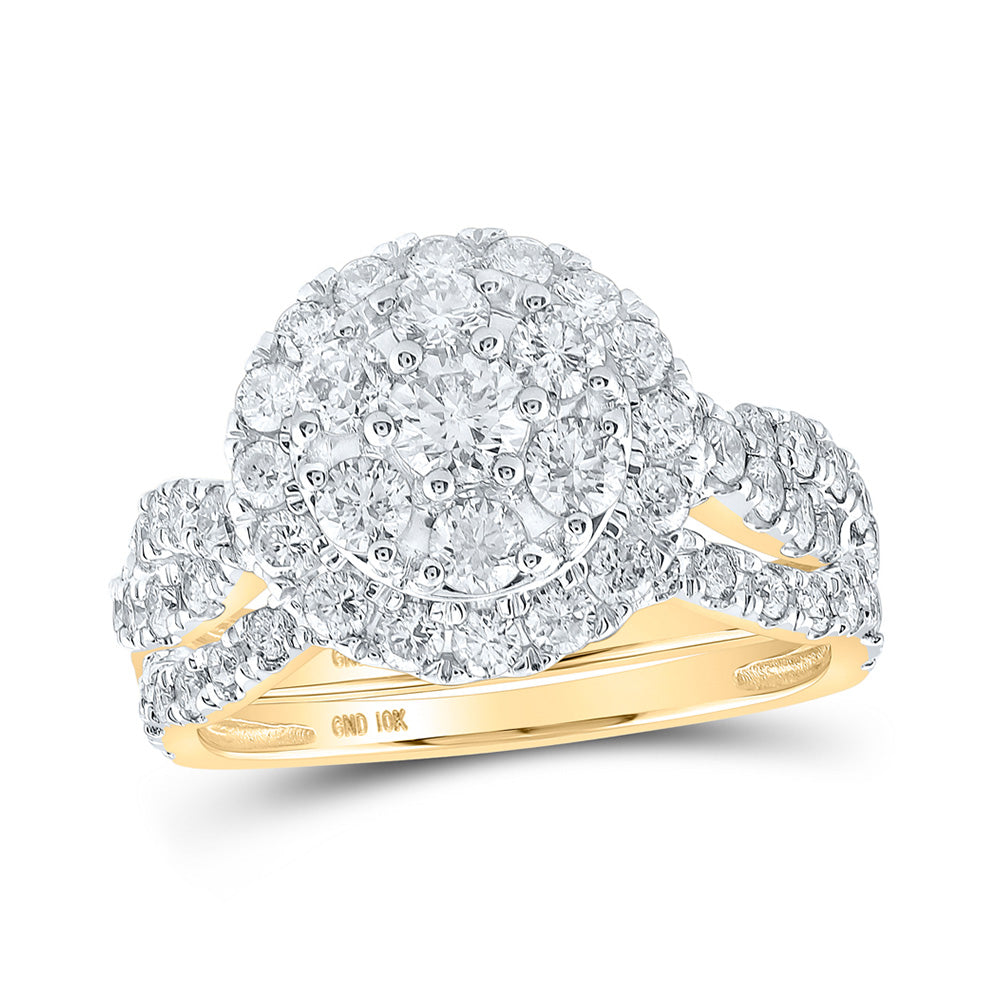10kt Yellow Gold Round Diamond Cluster Bridal Wedding Ring Band Set 2 Cttw
