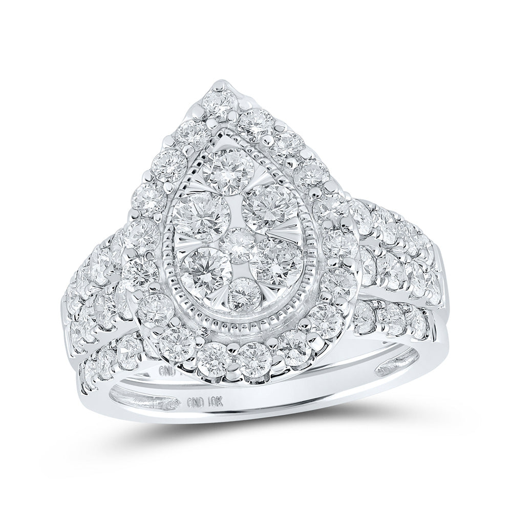 10kt White Gold Round Diamond Teardrop Cluster Bridal Wedding Ring Band Set 2 Cttw