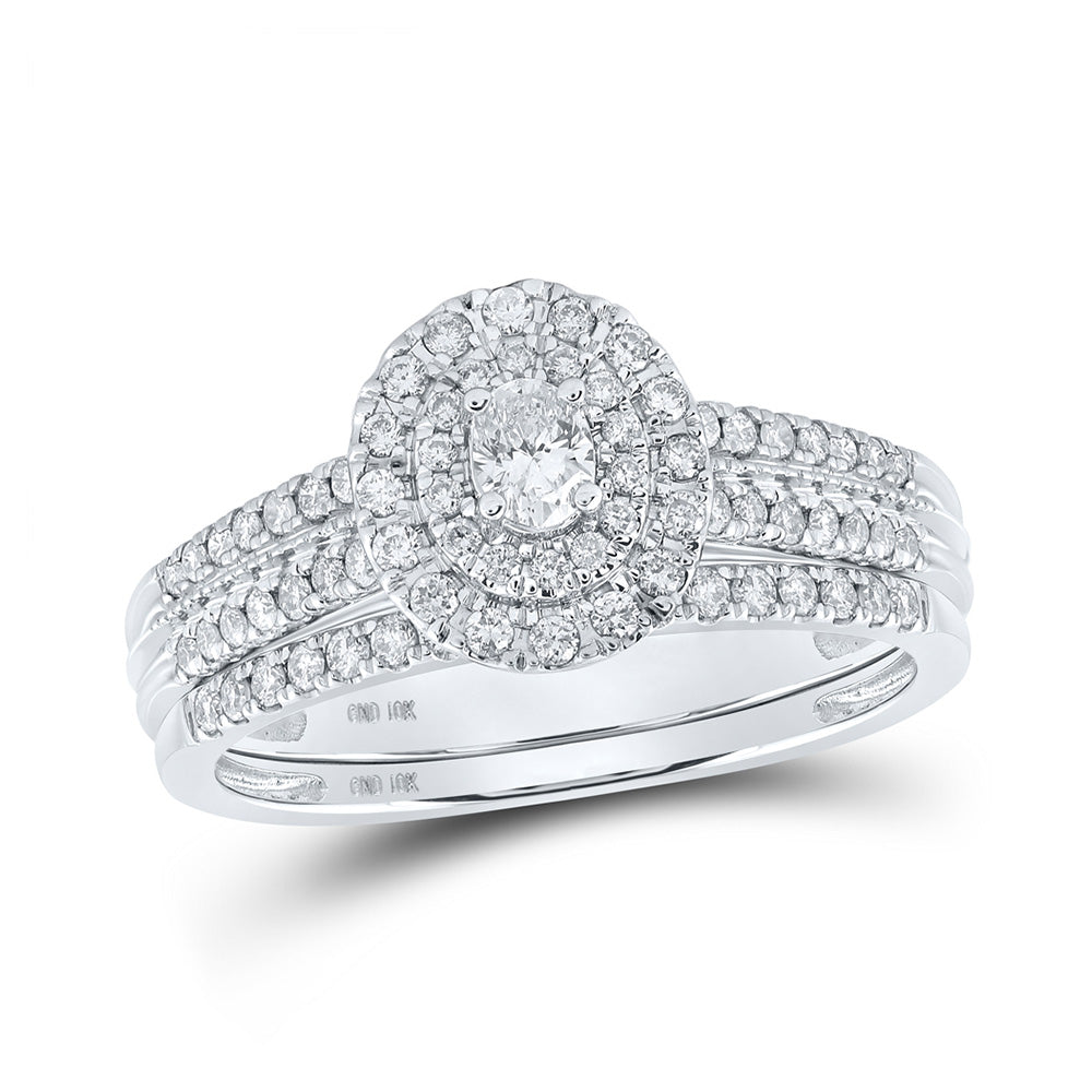 10kt White Gold Oval Diamond Halo Bridal Wedding Ring Band Set 5/8 Cttw