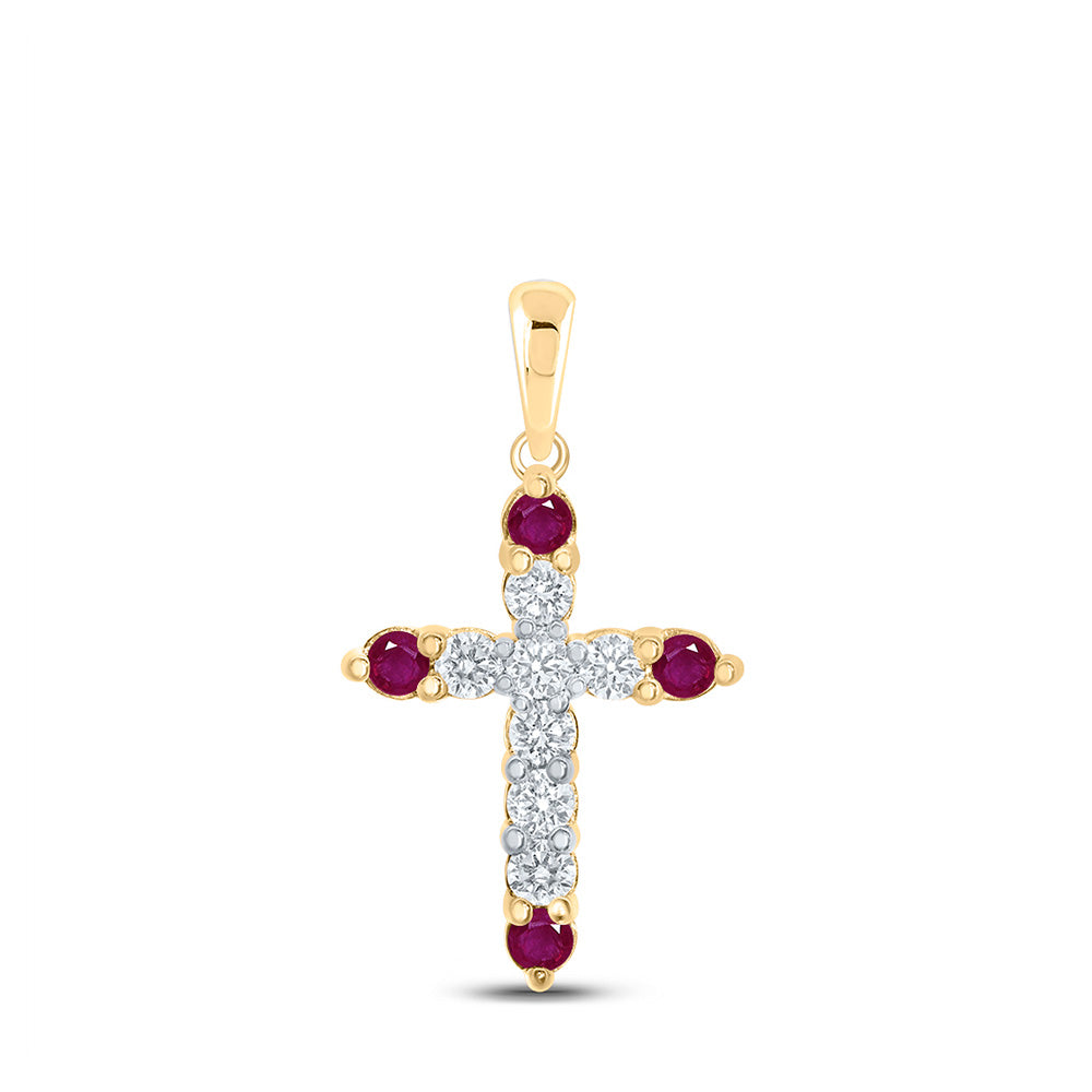 10kt Yellow Gold Womens Round Ruby Diamond Cross Pendant 1/4 Cttw