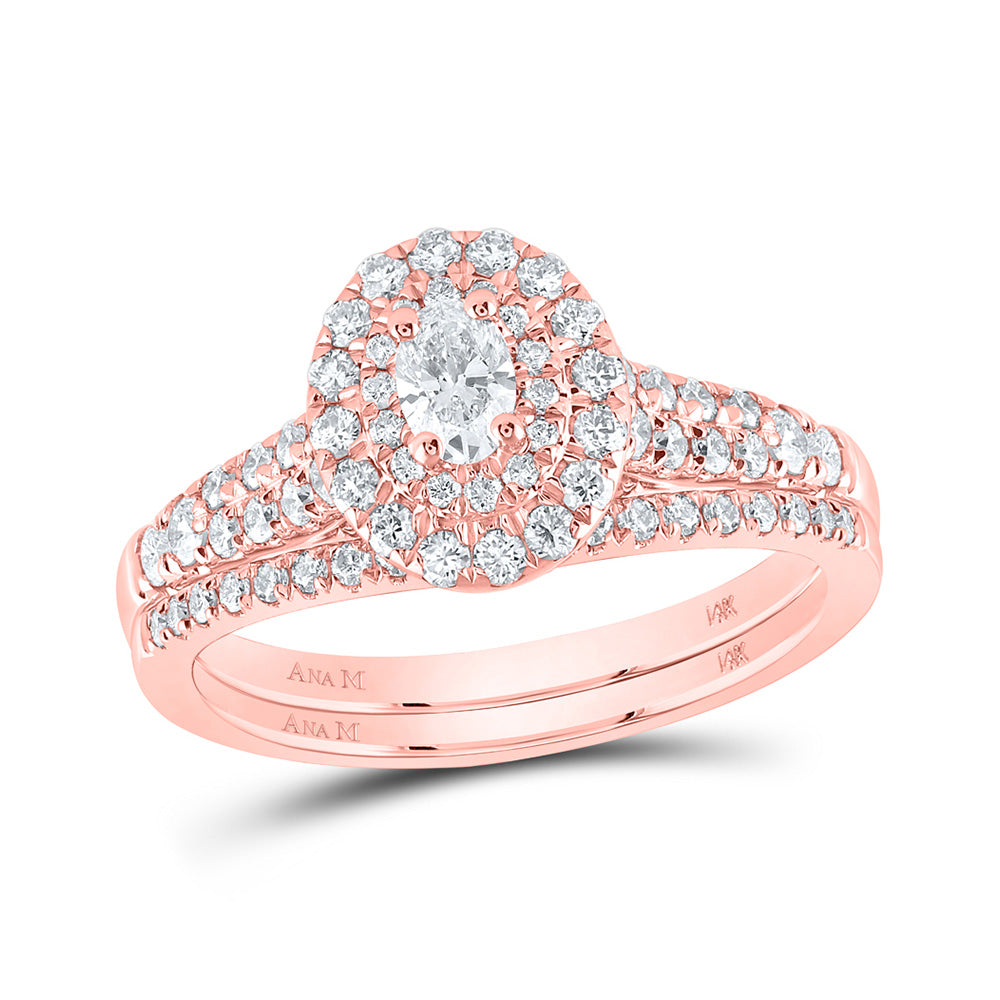 14kt Rose Gold Oval Diamond Halo Bridal Wedding Ring Band Set 1 Cttw