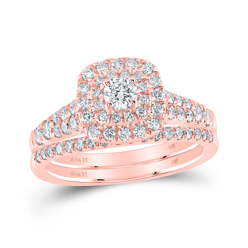 14kt Rose Gold Round Diamond Halo Bridal Wedding Ring Band Set 1 Cttw