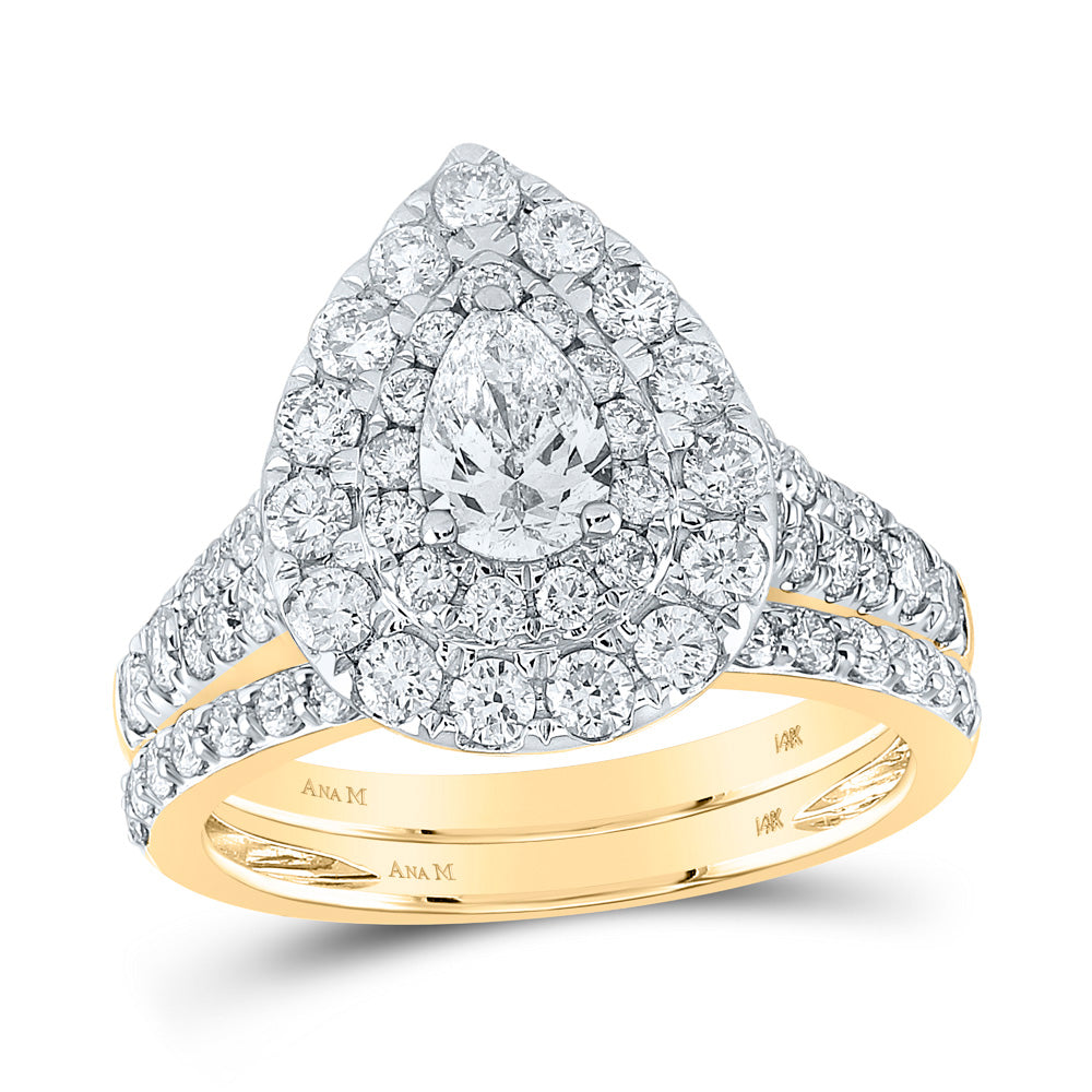 14kt Yellow Gold Pear Diamond Halo Bridal Wedding Ring Band Set 2 Cttw