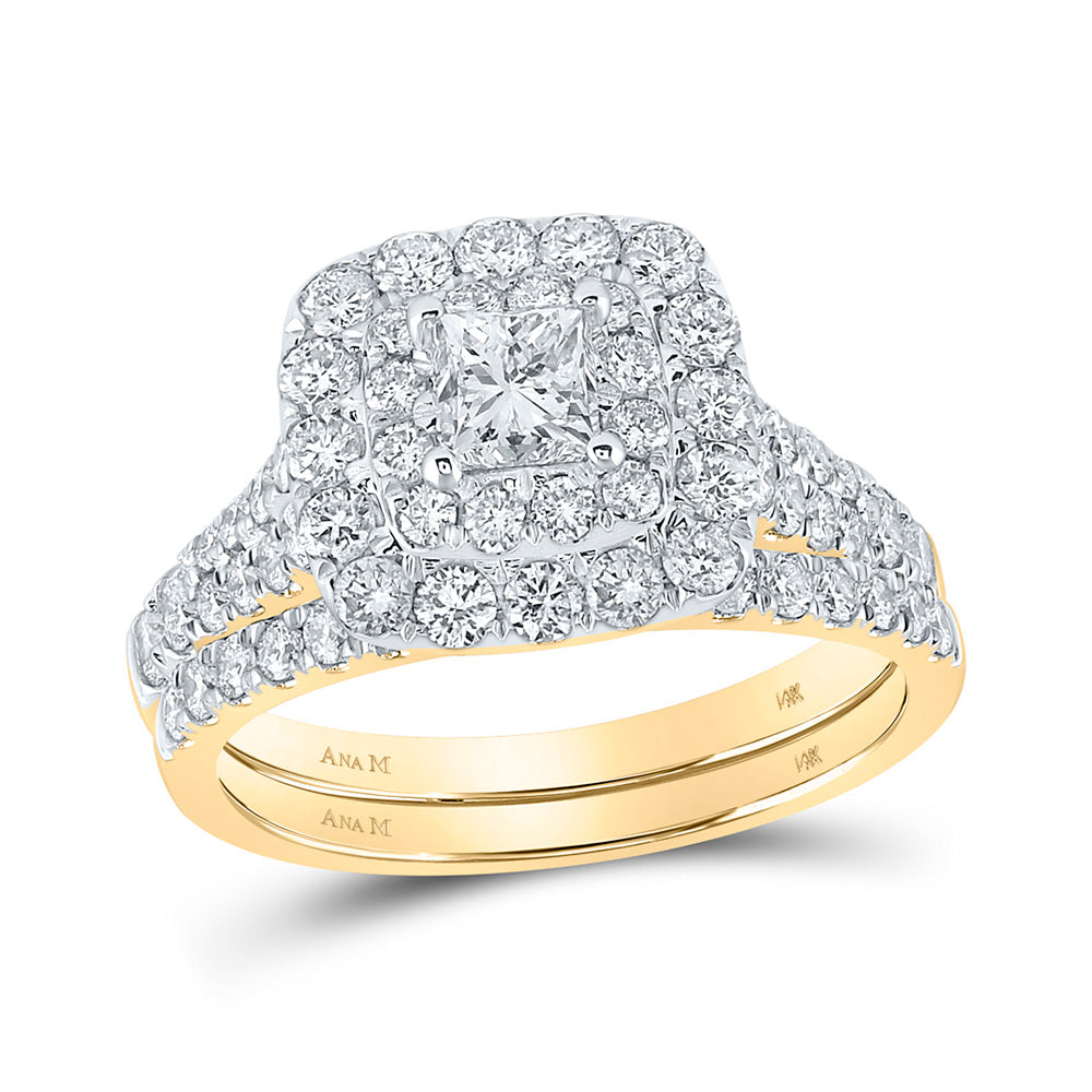 14kt Yellow Gold Princess Diamond Halo Bridal Wedding Ring Band Set 2 Cttw
