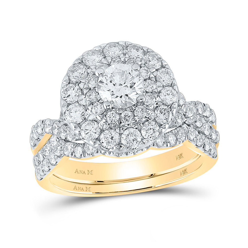 14kt Yellow Gold Round Diamond Halo Bridal Wedding Ring Band Set 2 Cttw