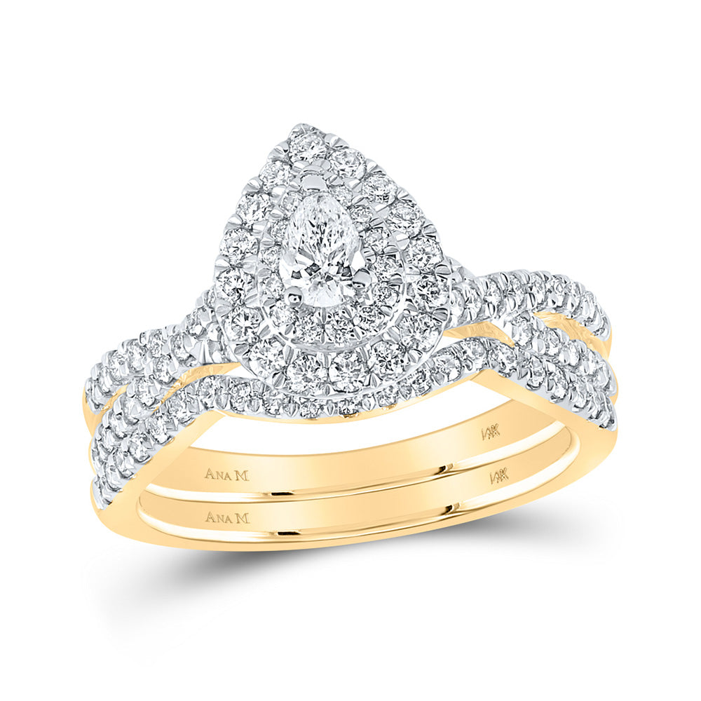 14kt Yellow Gold Pear Diamond Halo Bridal Wedding Ring Band Set 1 Cttw