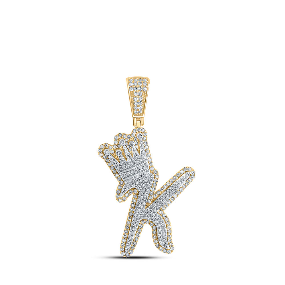 10kt Yellow Gold Mens Round Diamond K Crown Letter Charm Pendant 1-1/5 Cttw