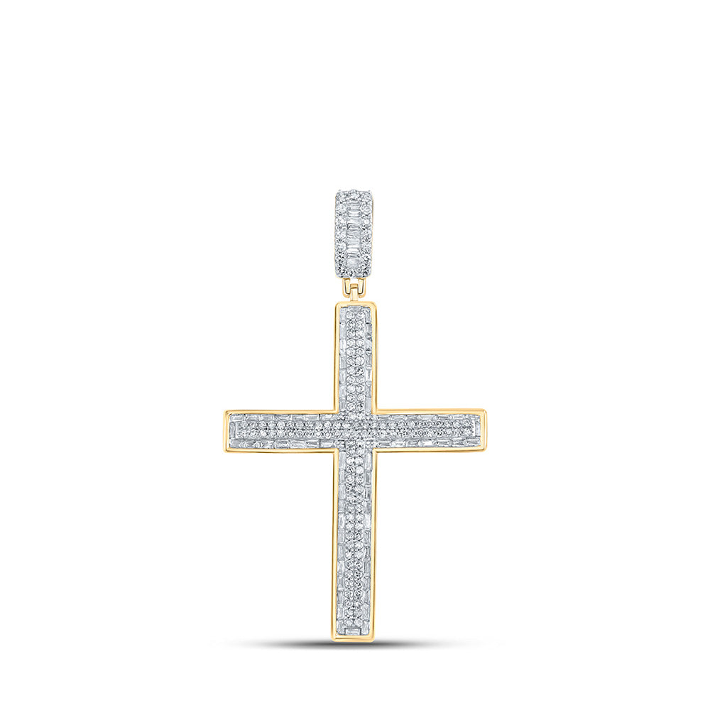 10kt Yellow Gold Mens Baguette Diamond Cross Charm Pendant 1 Cttw