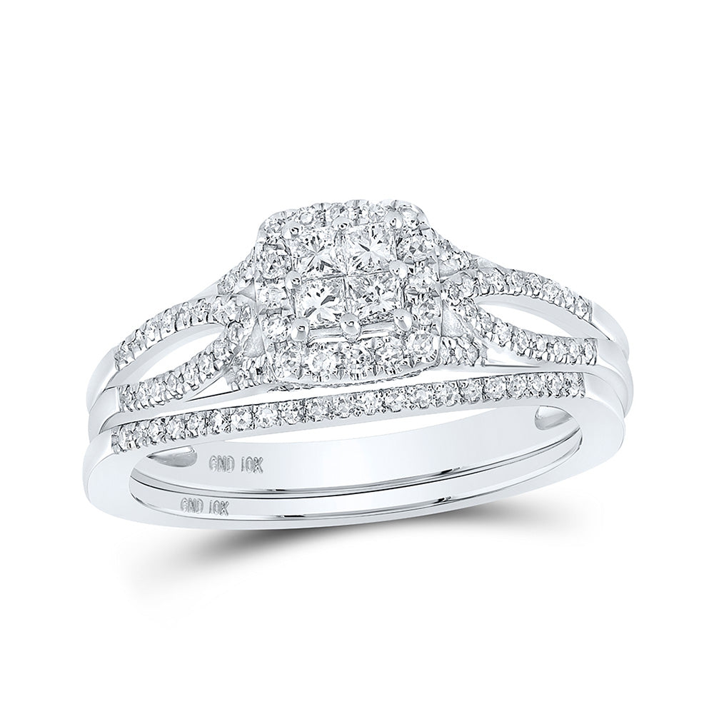 10kt White Gold Princess Diamond Square Bridal Wedding Ring Band Set 1/2 Cttw