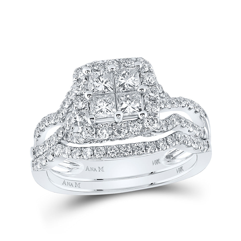 14kt White Gold Princess Diamond Square Bridal Wedding Ring Band Set 1-1/2 Cttw