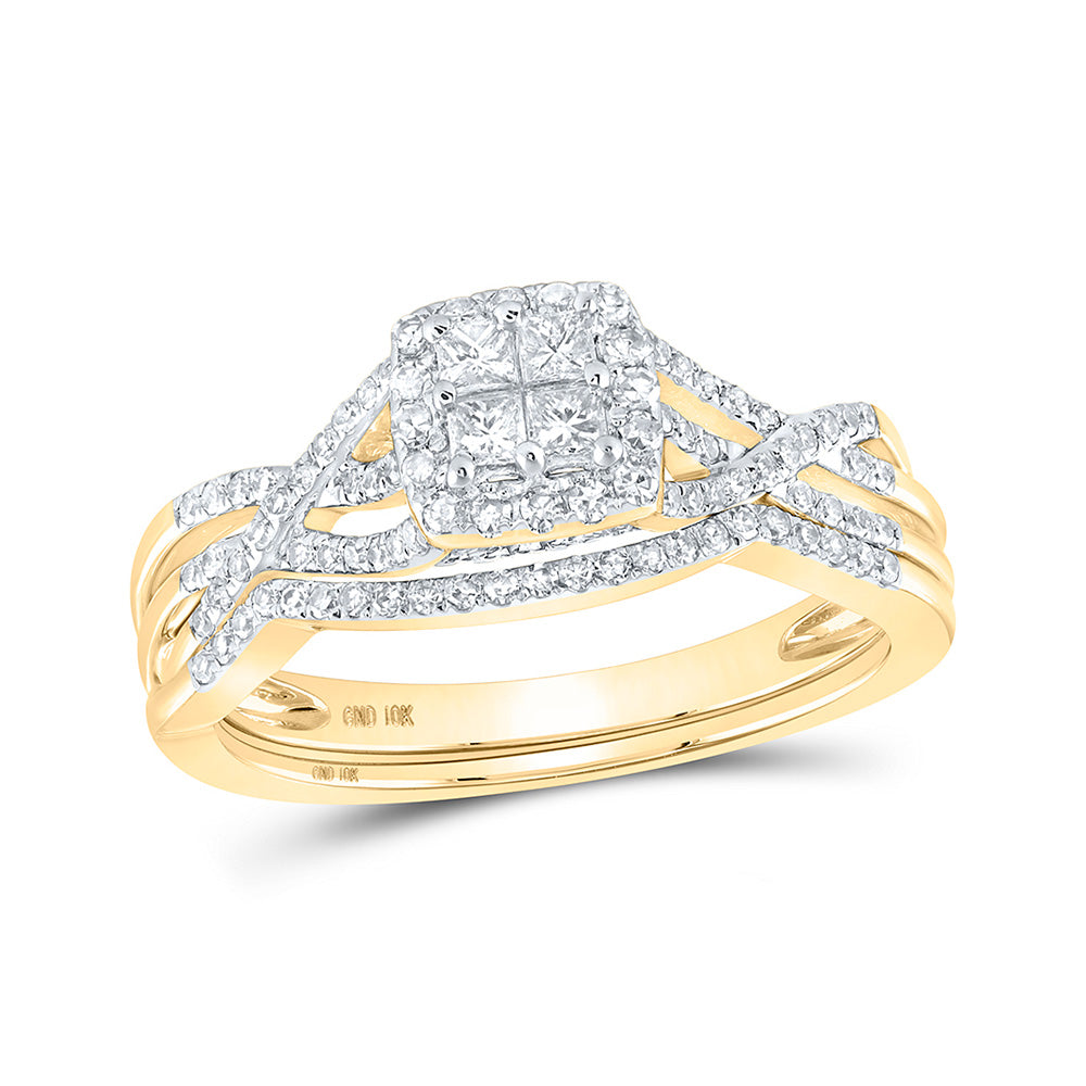 10kt Yellow Gold Princess Diamond Square Twist Bridal Wedding Ring Band Set 1/2 Cttw