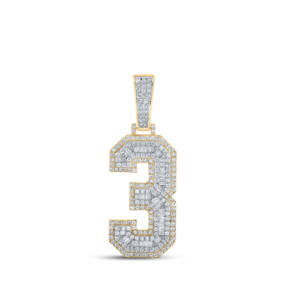 14kt Two-tone Gold Mens Baguette Diamond Number 3 Charm Pendant 1-1/2 Cttw
