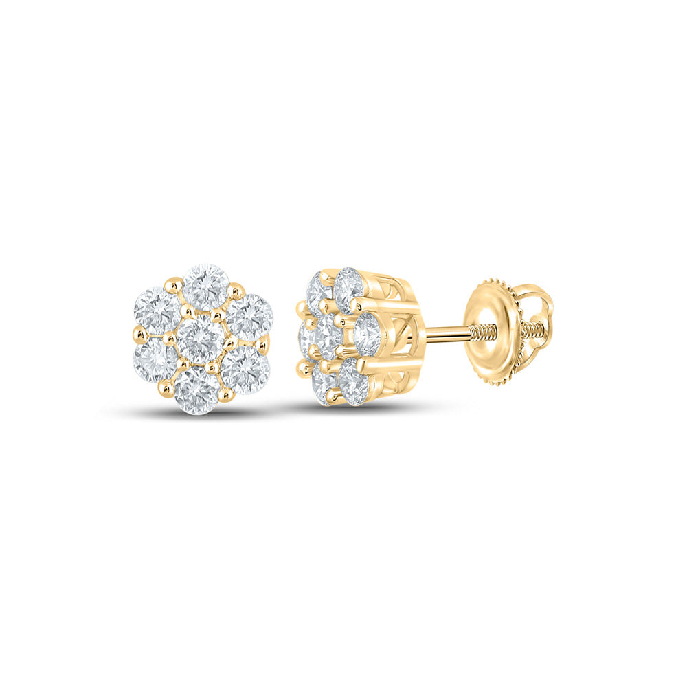 14kt Yellow Gold Round Diamond Flower Cluster Earrings 1/2 Cttw