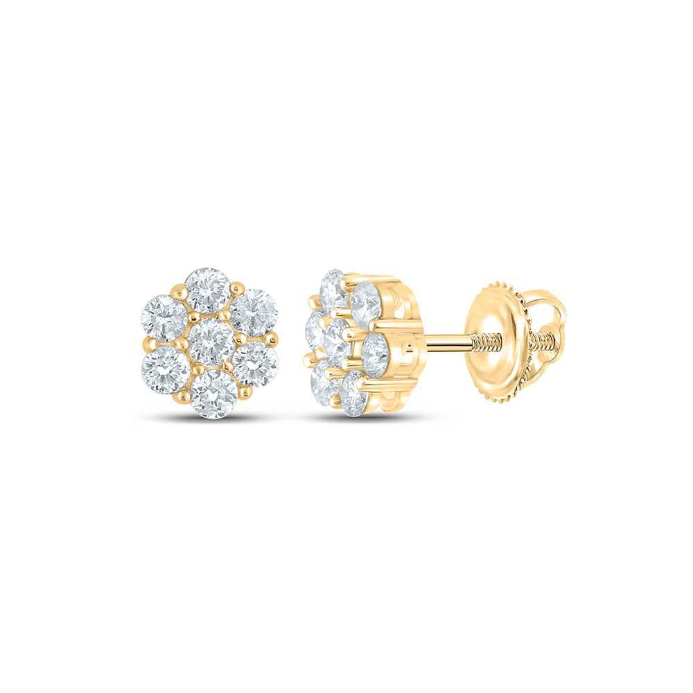 14kt Yellow Gold Round Diamond Flower Cluster Earrings 5/8 Cttw