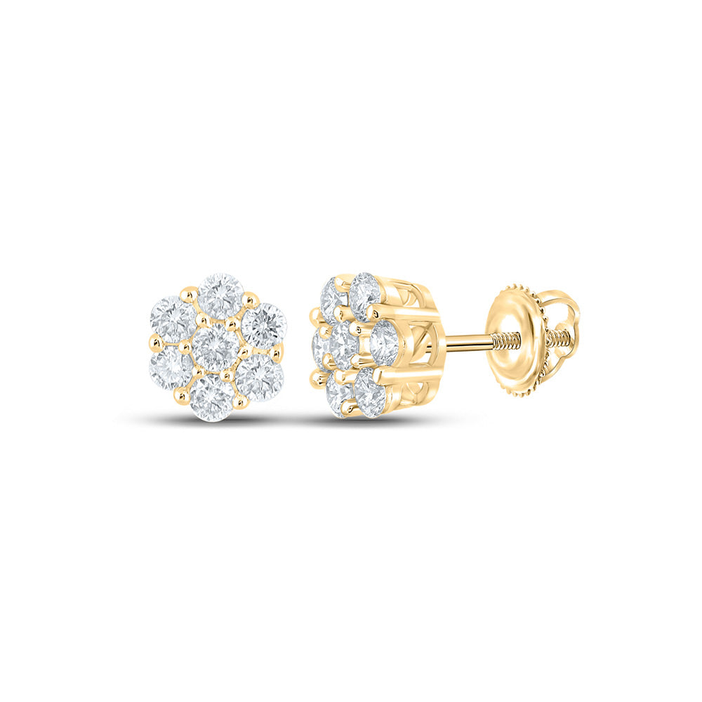 14kt Yellow Gold Round Diamond Flower Cluster Earrings 3/4 Cttw