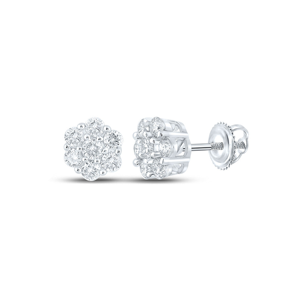 14kt White Gold Round Diamond Flower Cluster Earrings 3/4 Cttw