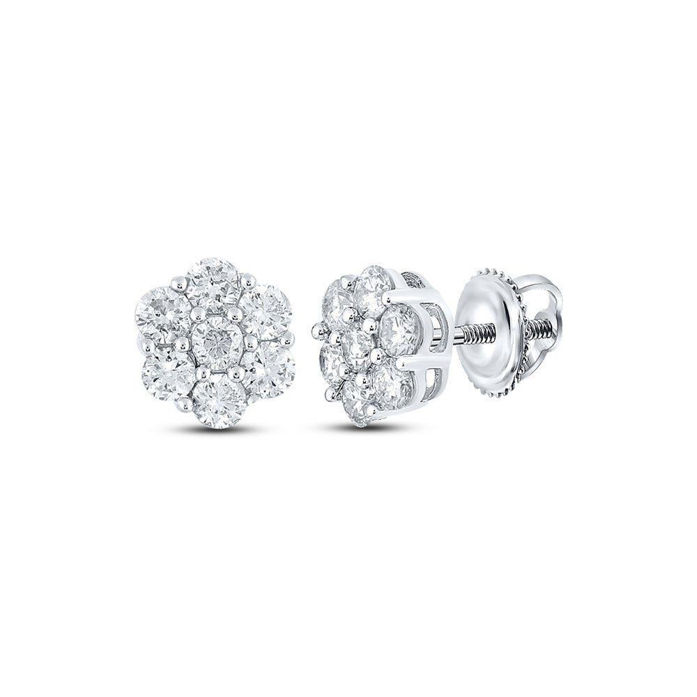 14kt White Gold Round Diamond Flower Cluster Earrings 1 Cttw