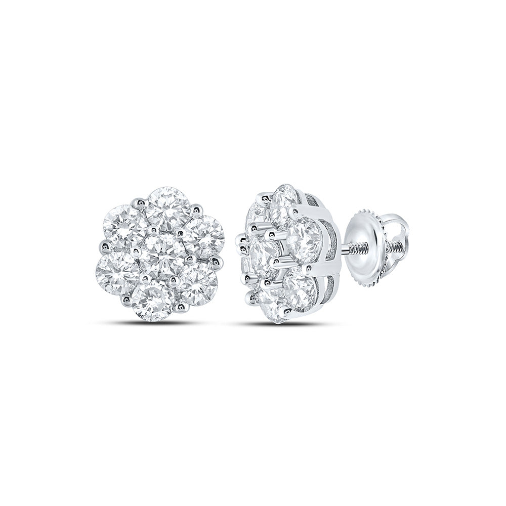 14kt White Gold Round Diamond Flower Cluster Earrings 7/8 Cttw