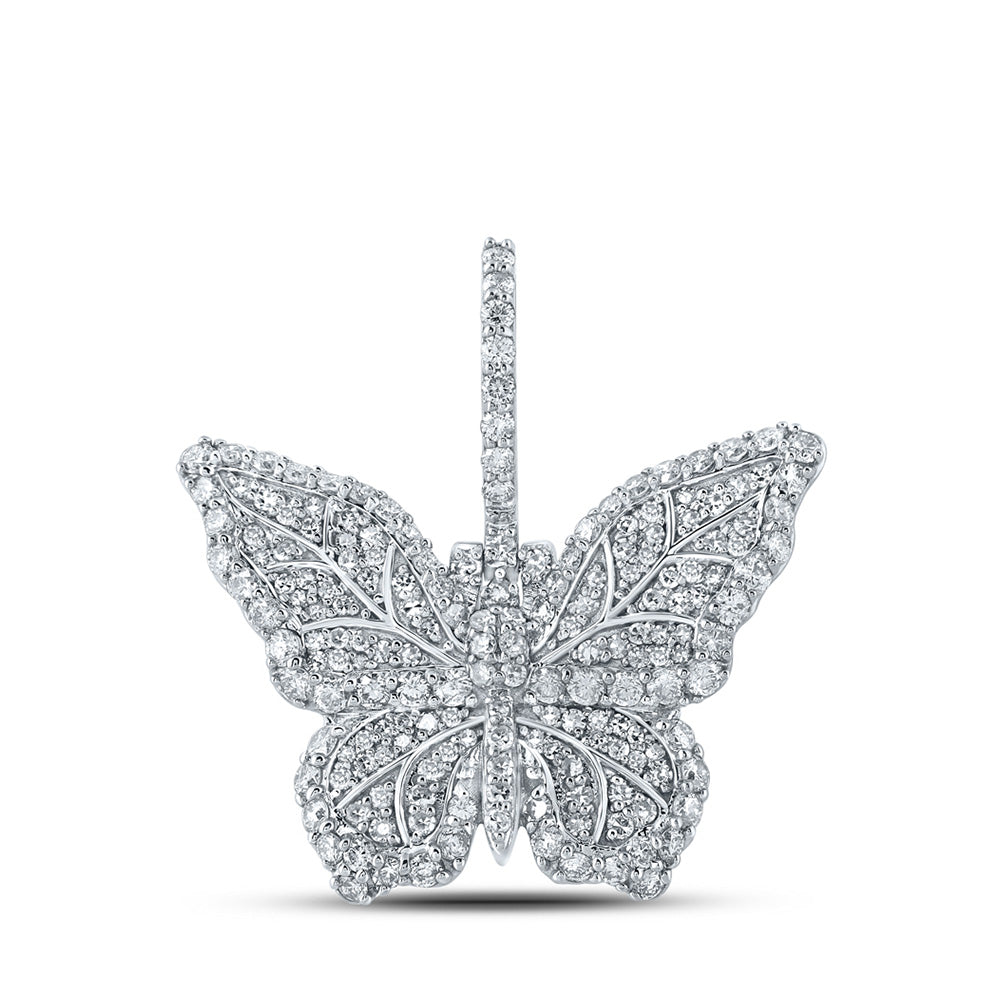 14kt White Gold Mens Round Diamond Butterfly Charm Pendant 1-1/2 Cttw