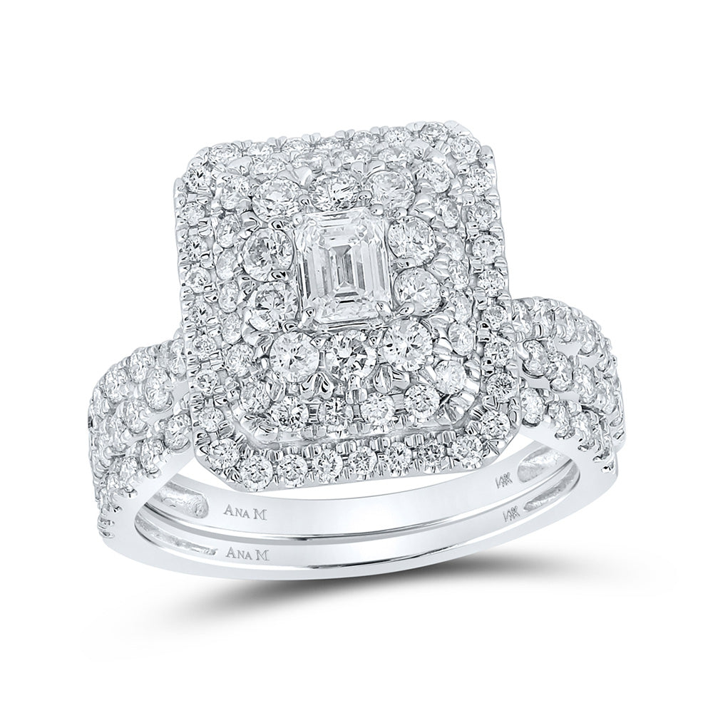 14kt White Gold Emerald Diamond Halo Bridal Wedding Ring Band Set 1-3/4 Cttw