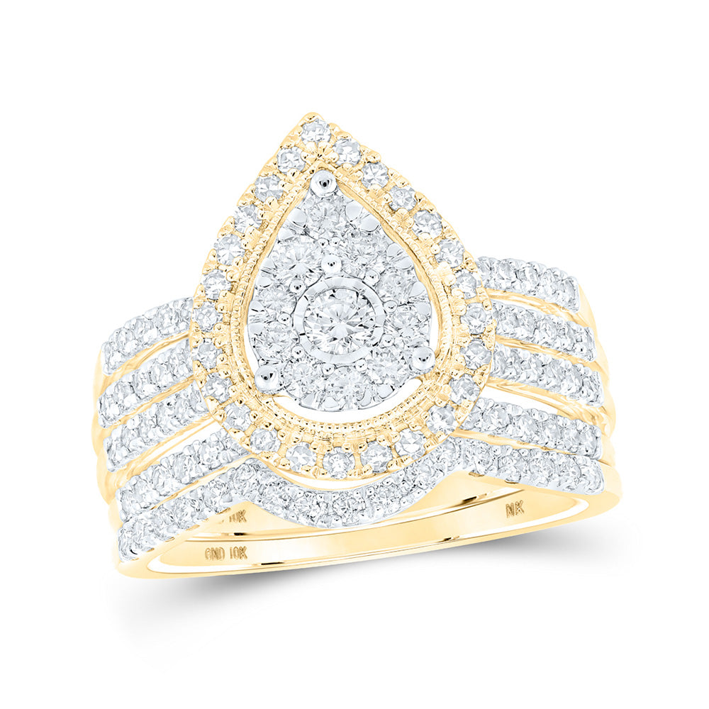 10kt Yellow Gold Round Diamond Pear-shape Bridal Wedding Ring Band Set 1 Cttw