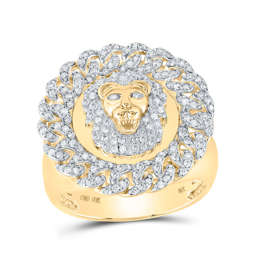 10kt Yellow Gold Mens Round Diamond Lion Cuban Link Circle Ring 7/8 Cttw