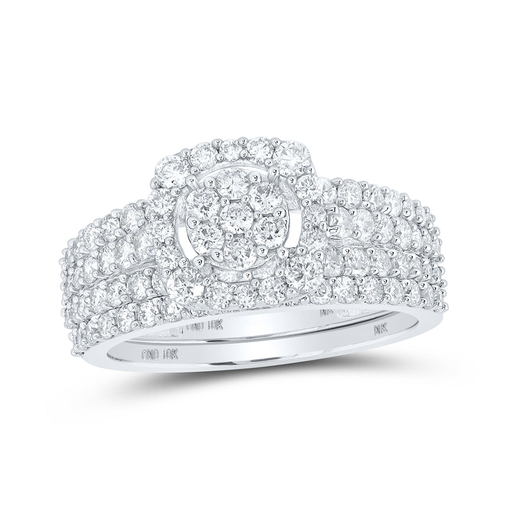10kt White Gold Round Diamond Halo Bridal Wedding Ring Band Set 1-1/2 Cttw