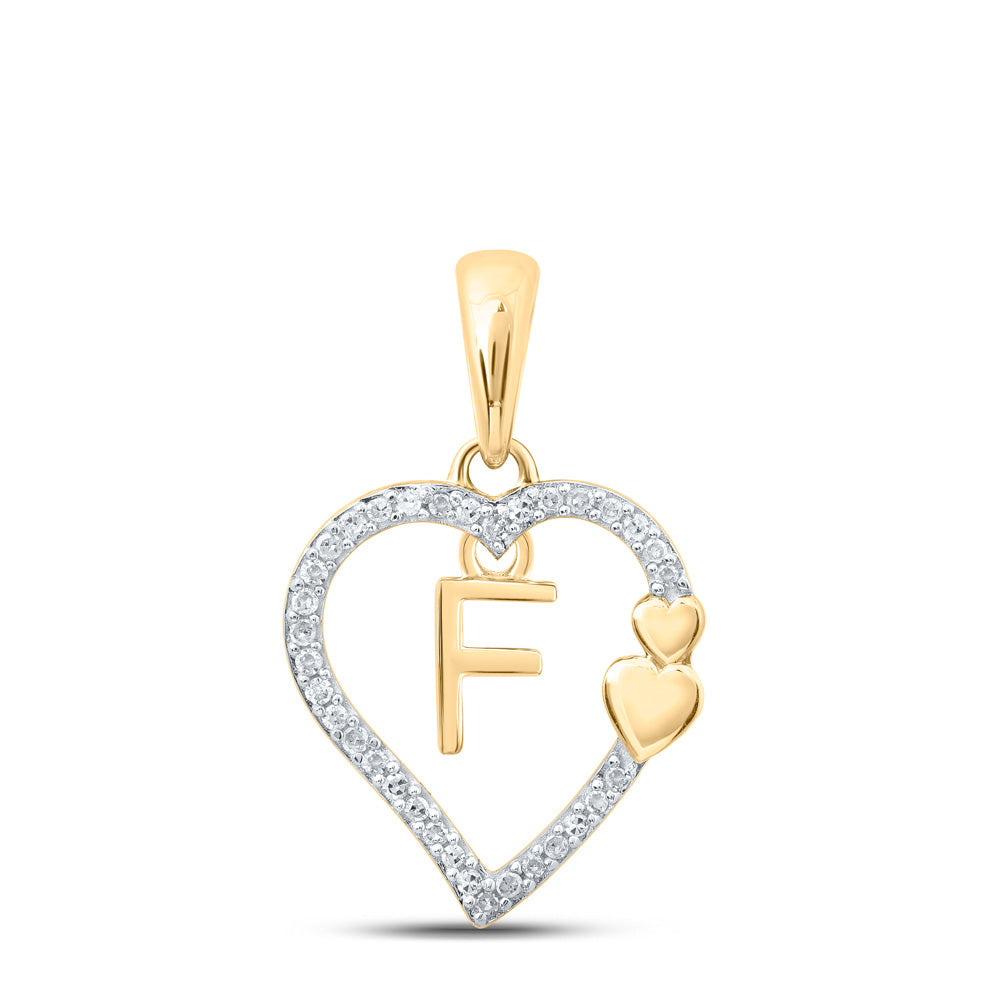 10kt Yellow Gold Womens Round Diamond F Heart Letter Pendant 1/10 Cttw