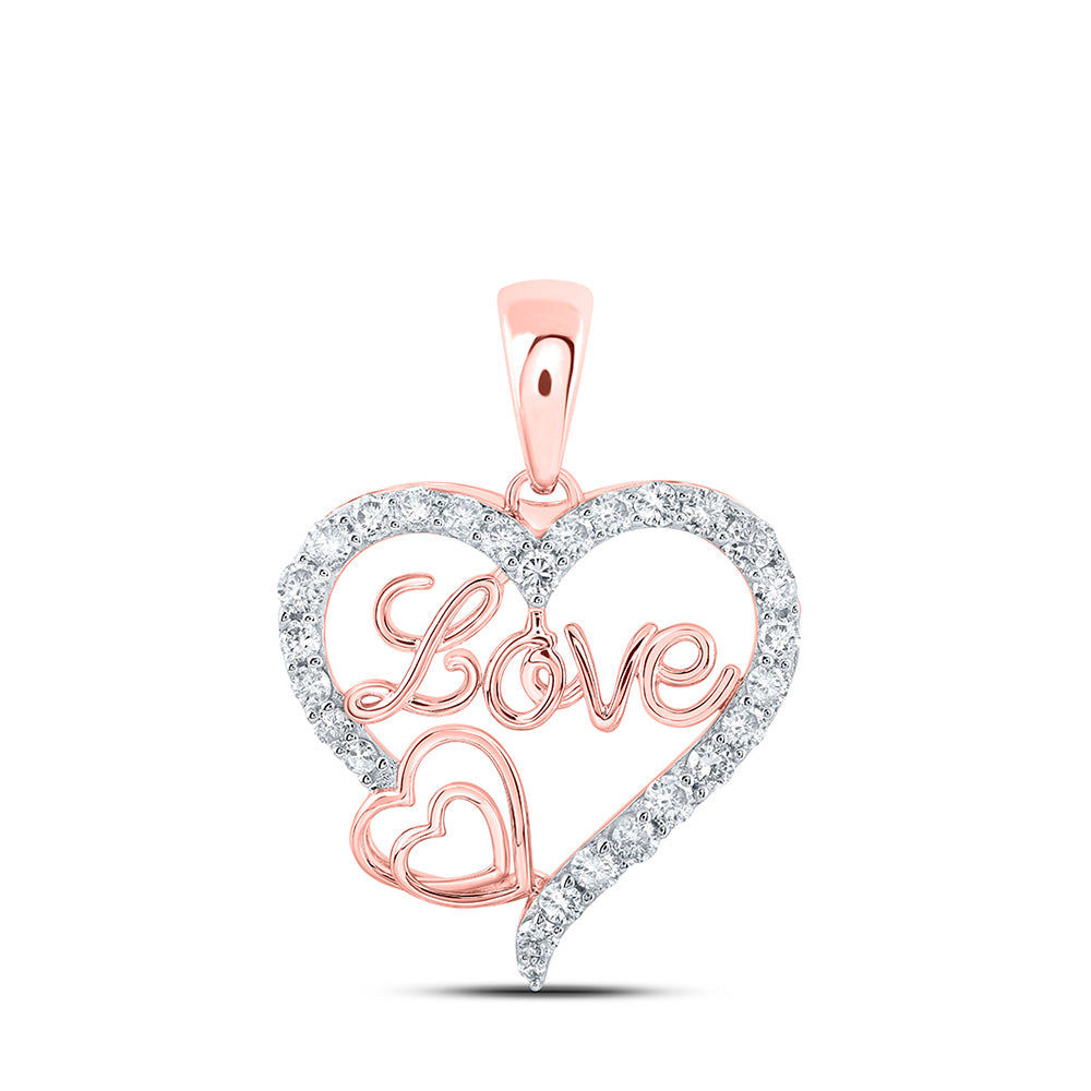 10kt Rose Gold Womens Round Diamond Love Heart Pendant 3/8 Cttw
