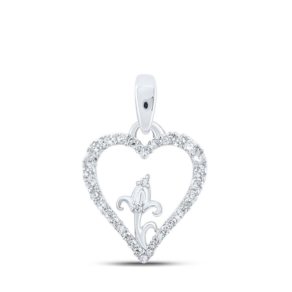 10kt White Gold Womens Round Diamond Flower Heart Pendant 1/8 Cttw