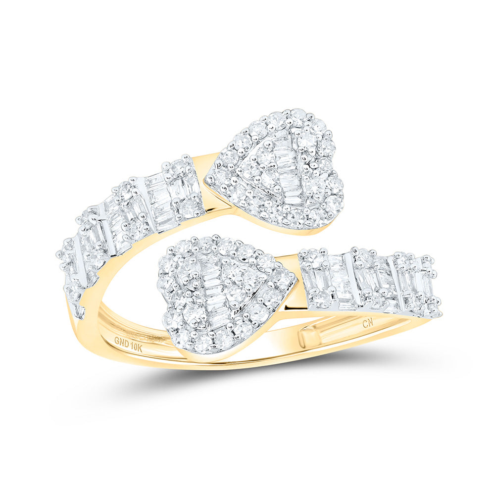 10kt Yellow Gold Womens Baguette Diamond Cuff Bypass Heart Ring 5/8 Cttw
