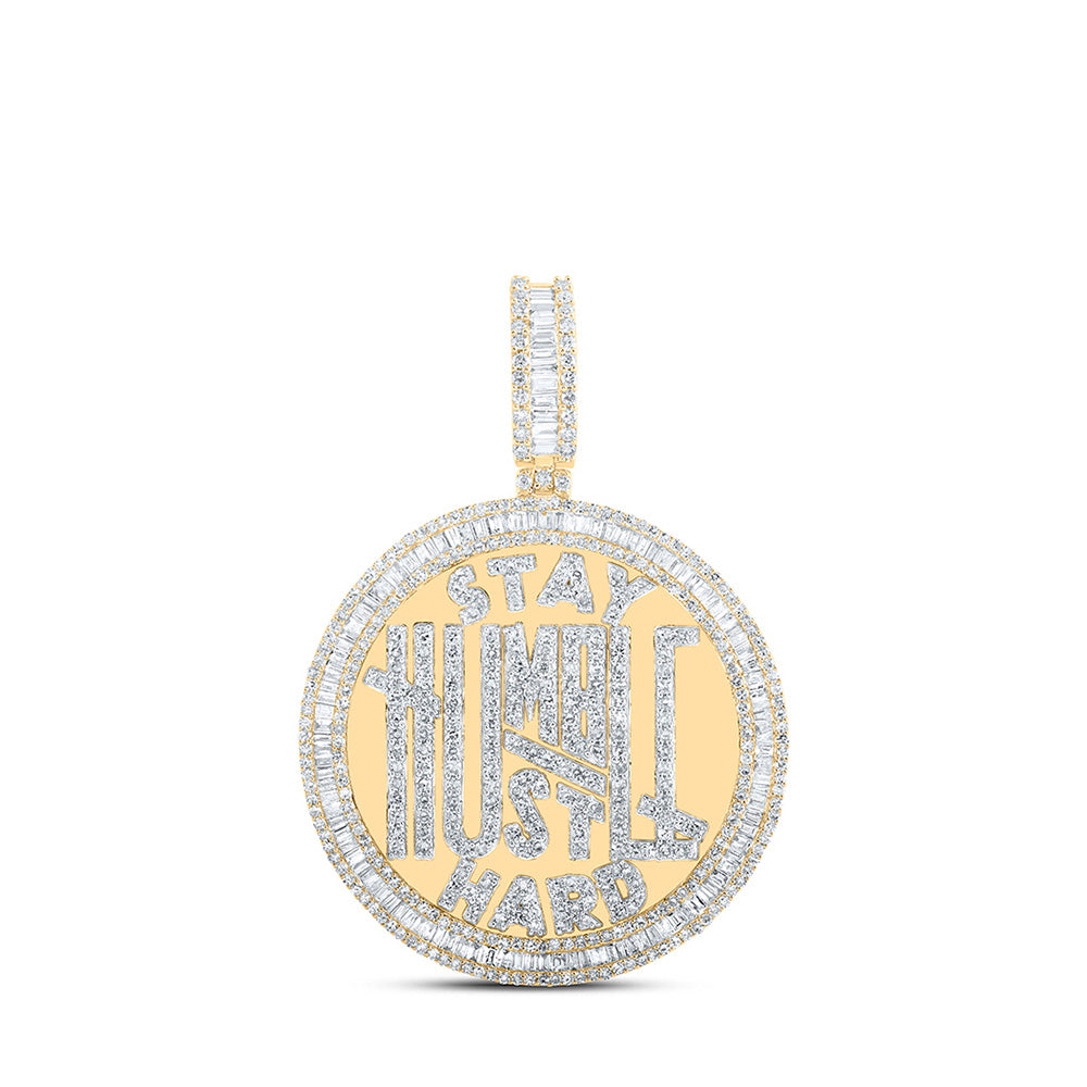 10kt Yellow Gold Mens Baguette Diamond Stay Humble Hustle Hard Phrase Charm Pendant 3-3/4 Cttw