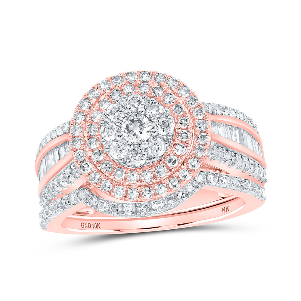 10kt Rose Gold Round Diamond Cluster Bridal Wedding Ring Band Set 1-1/4 Cttw