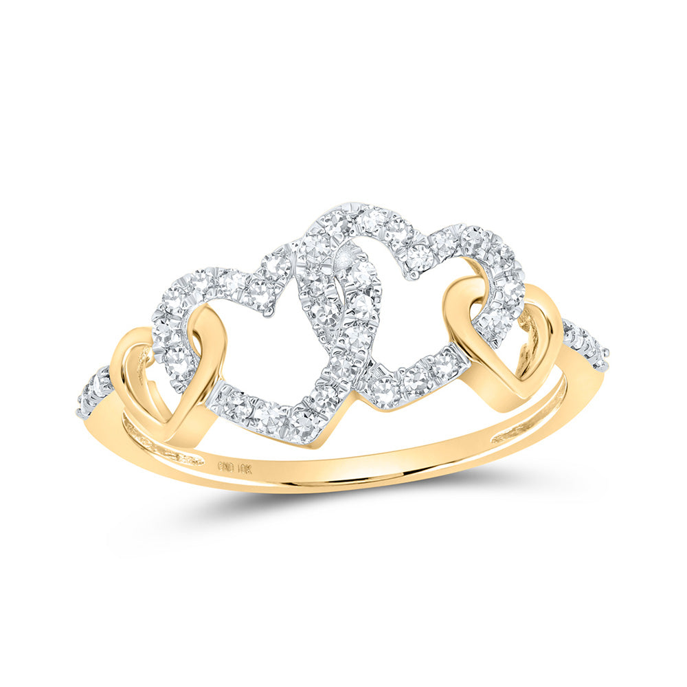 10kt Yellow Gold Womens Round Diamond Double Heart Ring 1/4 Cttw
