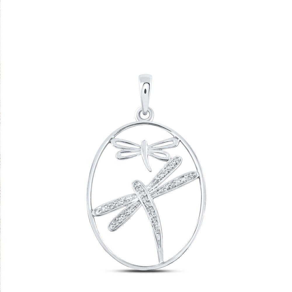 Sterling Silver Dragonfly Oval Pendant 1/10 Cttw Round Natural Diamond Womens