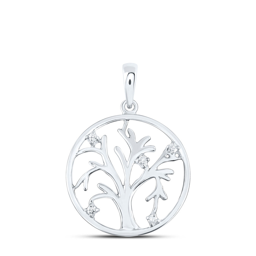Sterling Silver Tree Circle Pendant 1/20 Cttw Round Natural Diamond Womens