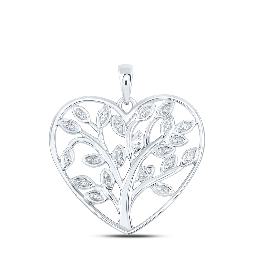 Sterling Silver Womens Round Diamond Tree Heart Pendant 1/12 Cttw