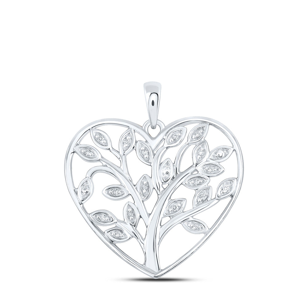 Sterling Silver Tree Heart Pendant 1/12 Cttw Round Natural Diamond Womens (3.11 grams)