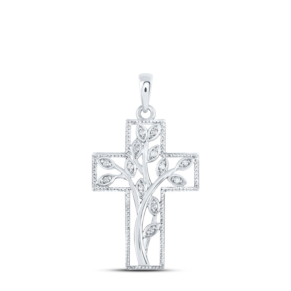 Sterling Silver Cross Pendant 1/12 Cttw Round Natural Diamond Womens (2.42 grams)