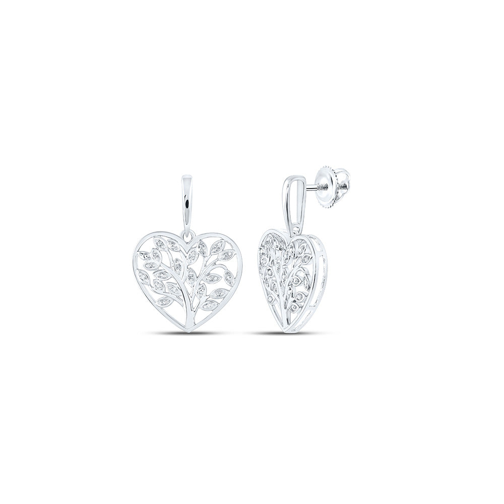 Sterling Silver Heart Dangle Earrings 1/10 Cttw Round Natural Diamond Womens