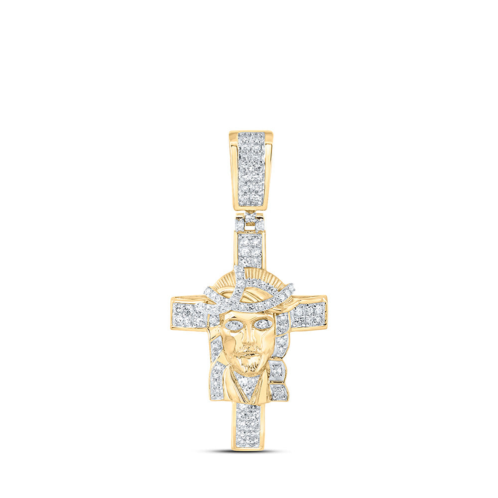 10kt Yellow Gold Mens Round Diamond Jesus Cross Charm Pendant 1/2 Cttw