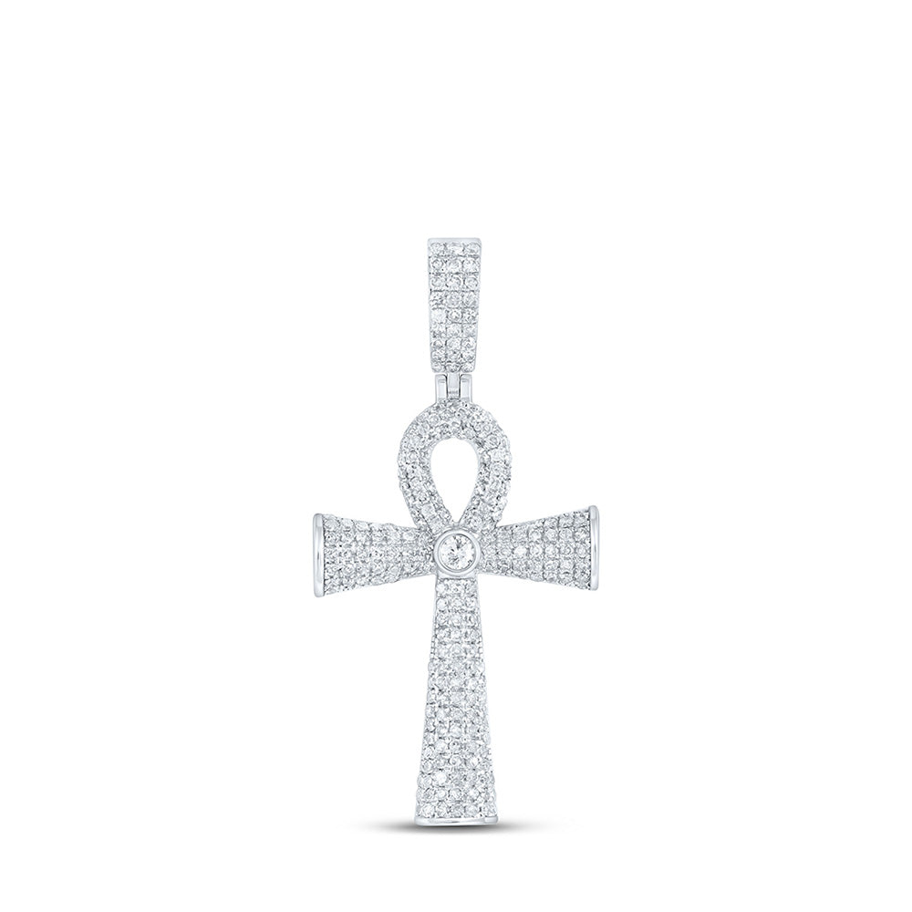 Sterling Silver Ankh Cross Charm Pendant 1 Cttw Round Natural Diamond Mens