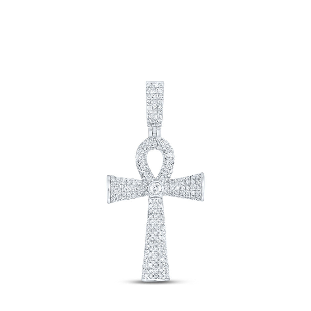 Sterling Silver Ankh Cross Charm Pendant 1 Cttw Round Natural Diamond Mens (4.01 grams)