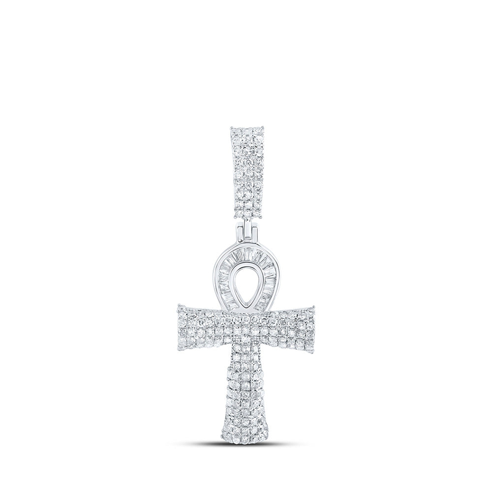 Sterling Silver Ankh Cross Pendant 3/4 Cttw Baguette Natural Diamond Womens