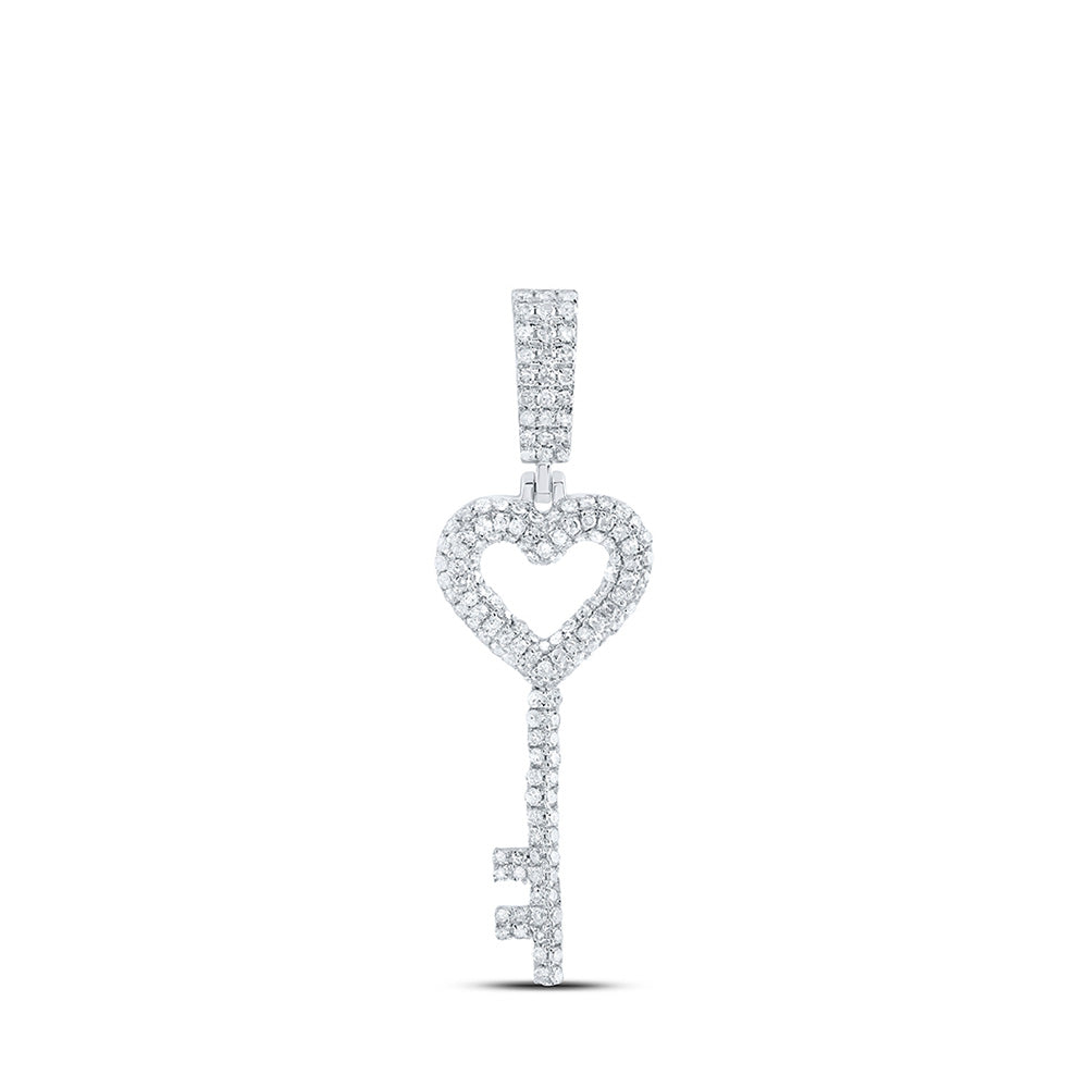 Sterling Silver Heart Key Pendant 5/8 Cttw Round Natural Diamond Womens (1.97 grams)