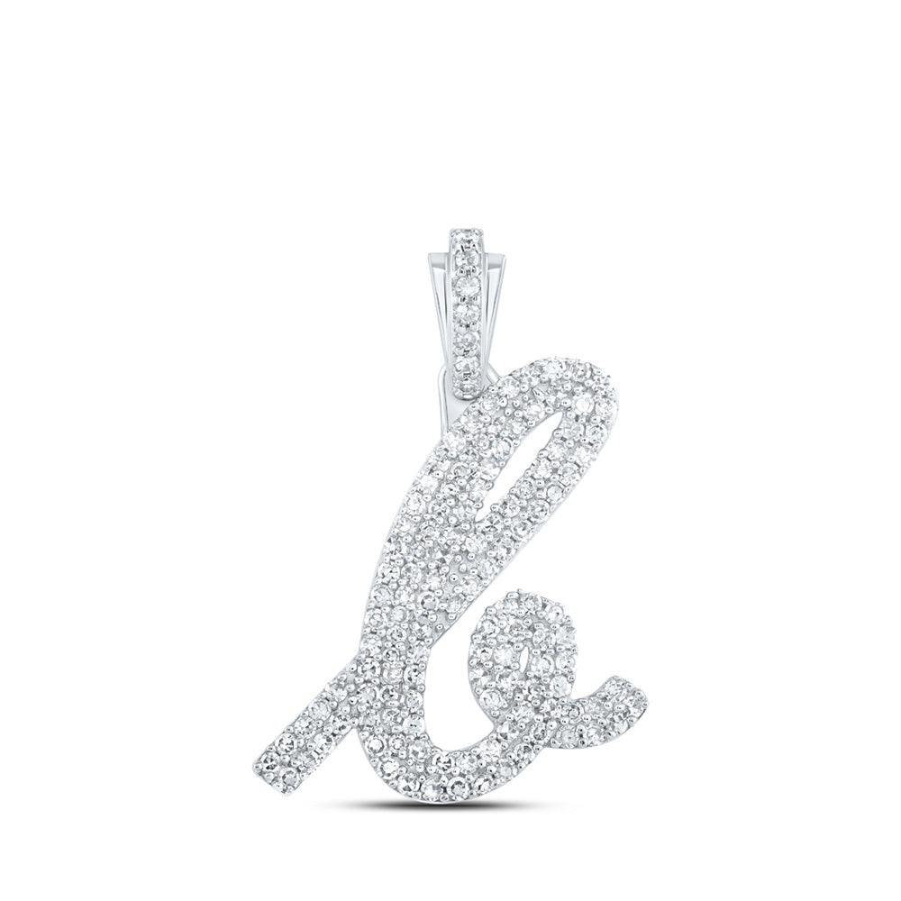 10kt White Gold Womens Round Diamond K Cursive Initial Letter Pendant 5/8 Cttw