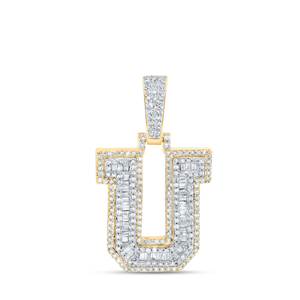 10kt Yellow Gold Mens Baguette Diamond U Initial Letter Charm Pendant 5/8 Cttw