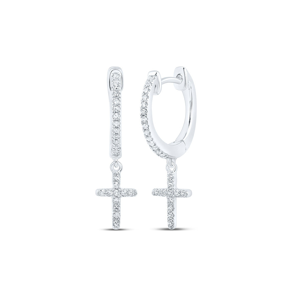 10kt White Gold Womens Round Diamond Cross Dangle Earrings 1/6 Cttw