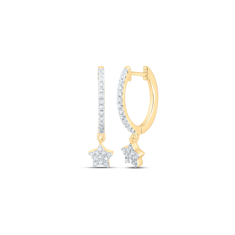 10kt Yellow Gold Womens Round Diamond Star Hoop Dangle Earrings 1/5 Cttw